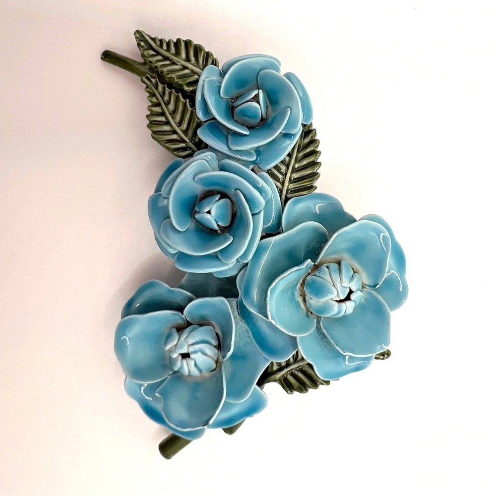 Vintage Blue Roses Enamel Flower Brooch Pin Floral Botanical Garden Jewelry